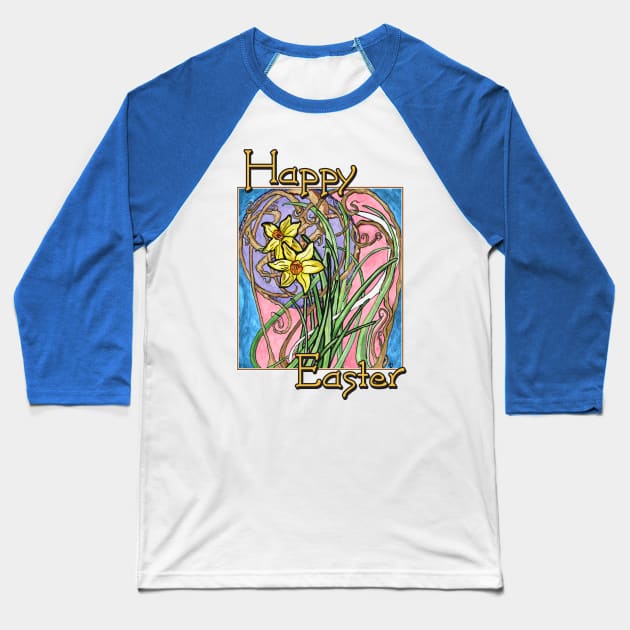 Happy Easter! Colorful Watercolor Daffodils on Blue Marble Baseball T-Shirt by CrysOdenkirk